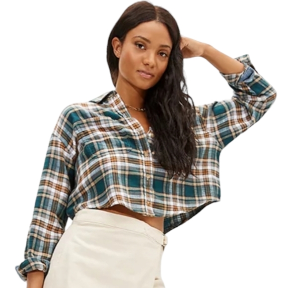 AE Cozy Cabin Cropped Flannel Cotton Plaid Button-down Shirt women's medium - Picture 1 of 13